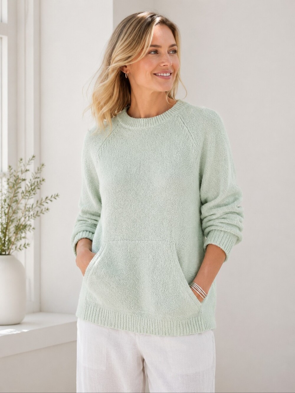 J.Jill Mint Seafoam Green Bouclé Knit Sweater Cozy Beachy Sweatshirt Pockets PM